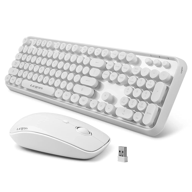 Letton Wireless Keyboard Mouse Combo, 2.4GHz Wireless White Keyboard with 104 Retro Typewriter Keycaps,Letton Full Size Keyboard and Cute Mouse with 3 DPI for Computer PC Desktop Laptop - Image 1